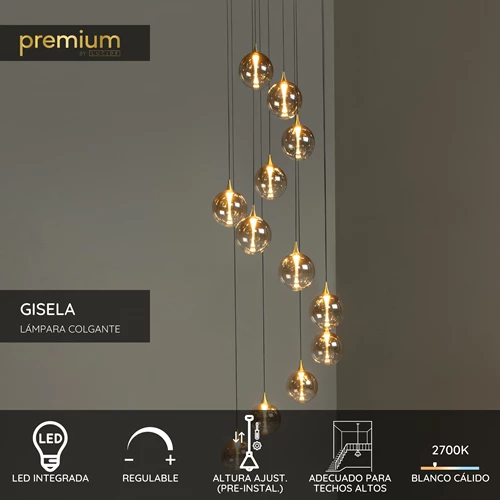 Lucide GISELA - Lámpara colgante - Ø 61 cm - LED Regul. - 12x3,5W 2700K - Adecuado para dobles alturas y techos altos - Ámbar | Premium - USP